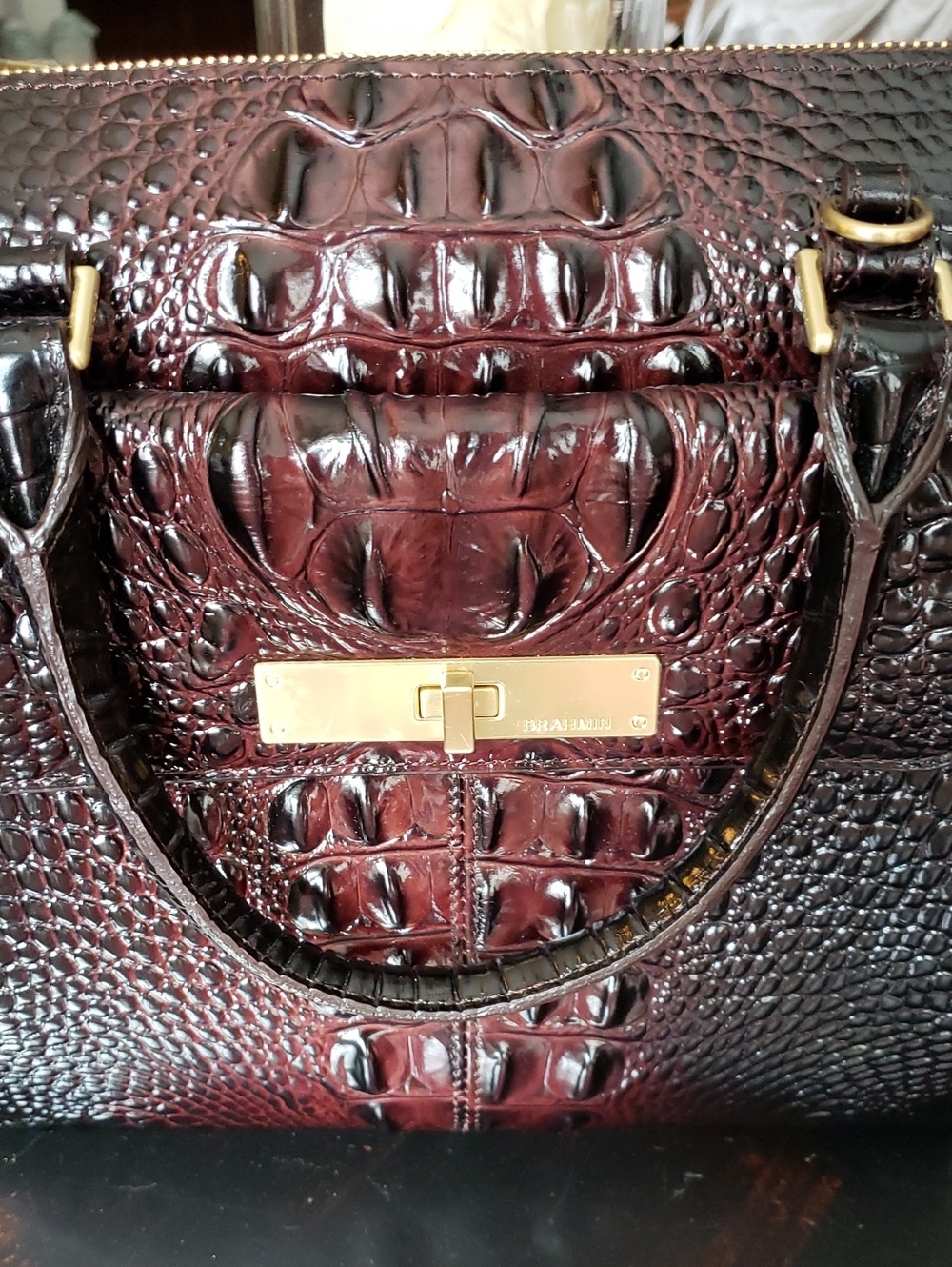 Brahmin MALIA Croc-Embossed Satchel with Gold Hardware in Rich Cocoa - Picture 2 of 9
